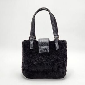 Guess Vintage Y2K Black Sherpa Fuzzy Mini Tote Handbag HTF